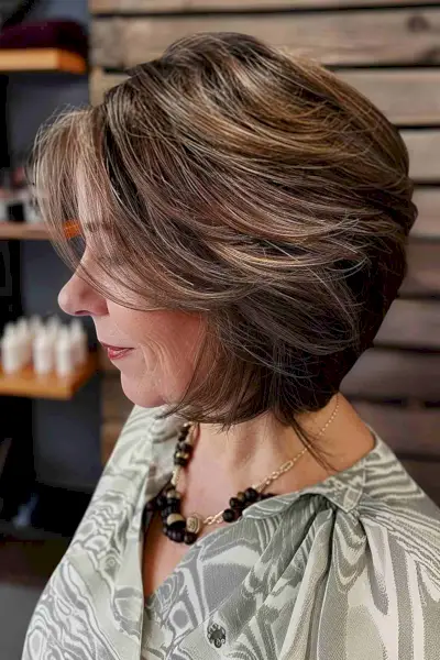 Layered bob haircut for women over 50 with side-swept bangs