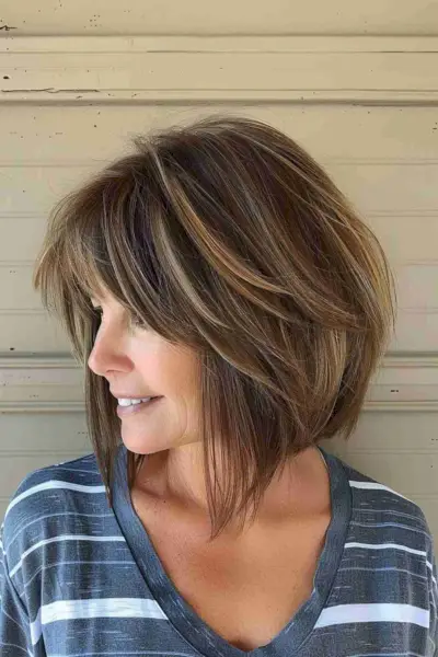 Mid-length layered bob with soft highlights for women over 40