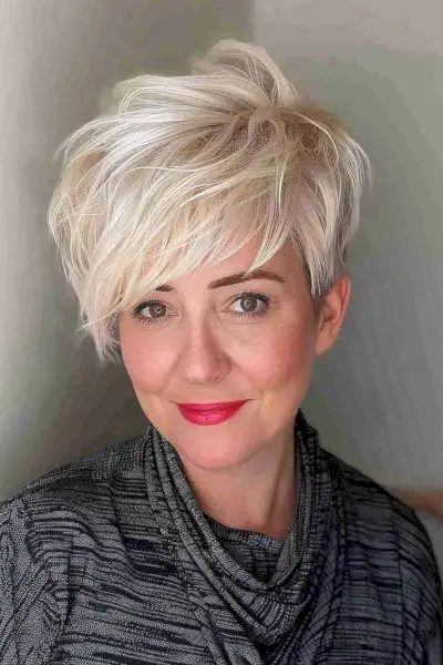 Short Platinum Asymmetrical Pixie-Bob for Women Over 40 with Oval Face Shapes