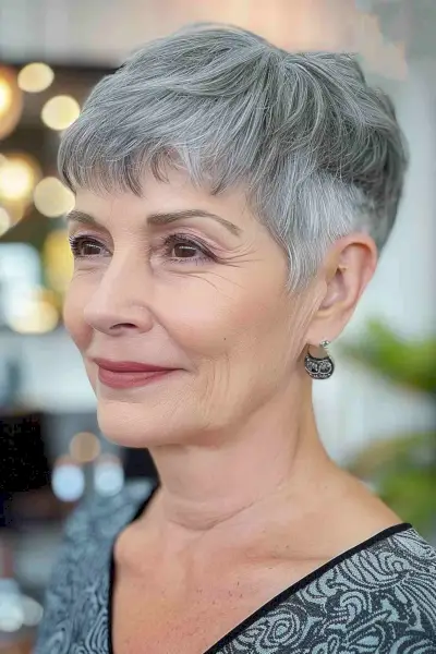 Short pixie cut on gray hair for older women with soft layers and short bangs.