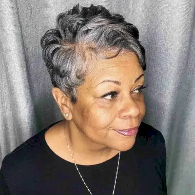 Side-Parted Wavy Pixie Haircut for Older Black Women