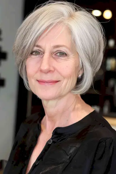Stylish pixie bob for sophisticated women in their sixties with fine white hair.