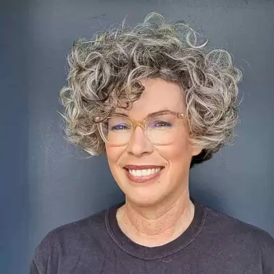 Scissor-Over-Comb Short Hair with Bouncy Curls on 50-Year-Old Ladies with Glasses