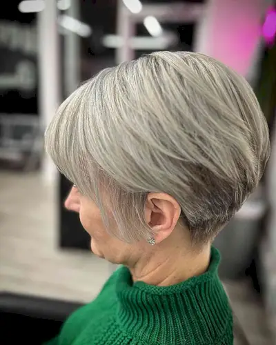 Very Short Wedge Bob Cut with Bangs for Older Ladies Past 50 with Grey Hair