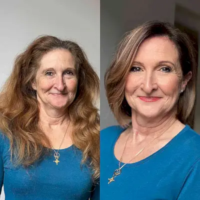 Brunette Lob Cut with Subtle Blonde Highlights and a Side Part for women past their 50s