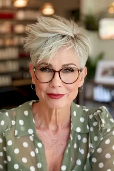 Sassy Spiky Pixie Cut for Old Women with Glasses
