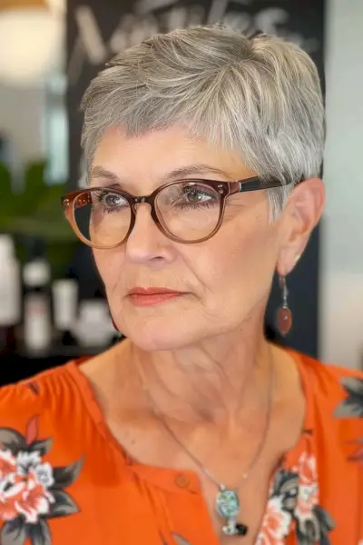 Silver pixie for older women with large eyewear