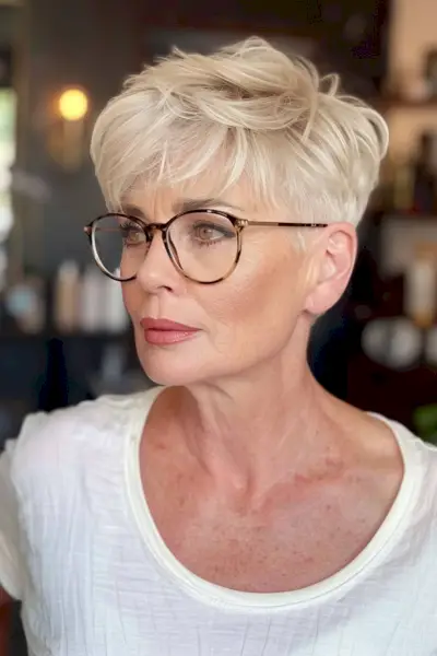 Tapered pixie for older women with glasses