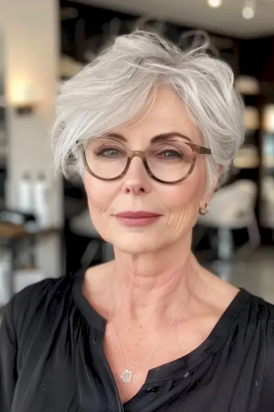 Pixie with bangs for older ladies with glasses