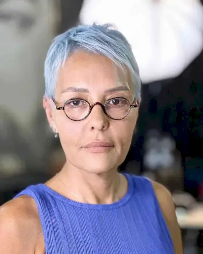 Blue Tinted Pixie Cut for Older Ladies with Eyeglasses