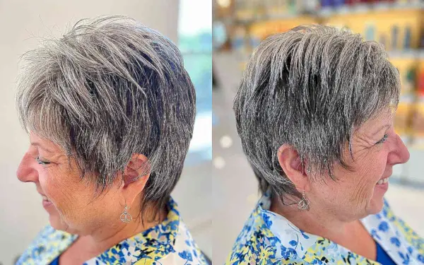 Mature Gray Pixie with Shaggy Layers for Women in Their 50s