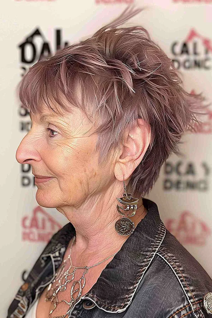 Texturovaný střapatý účes s přírodními šedohnědými tóny pro ženy nad 70 let.' title=