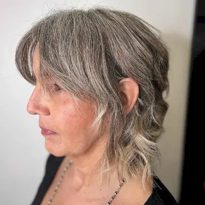 Mini Shaggy Mullet with Curtain Bangs for Grey Hair