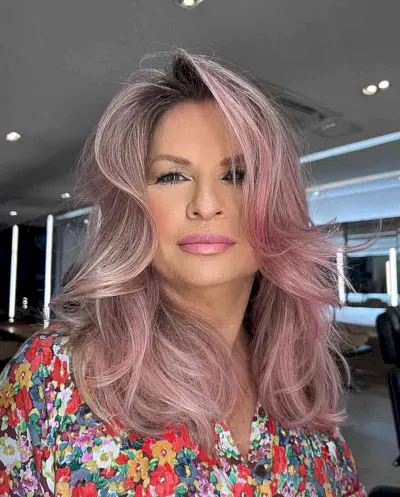 Mid-Length Pink Balayage for Ladies Aged Fifty with layers and a side part