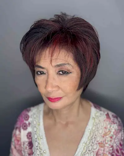 Short-Length Graduated Bixie with Red Highlights for Ladies Over 60