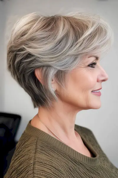 Layered short bob with feathered side-swept bangs for older women.