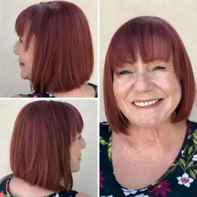 A women over 60 with a sassy A-Line Bob with Wispy Bangs