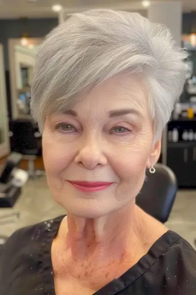 Edgy grey pixie with long bangs for older women