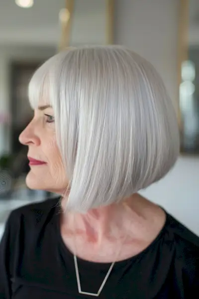 Short angled bob with bangs for women over 70