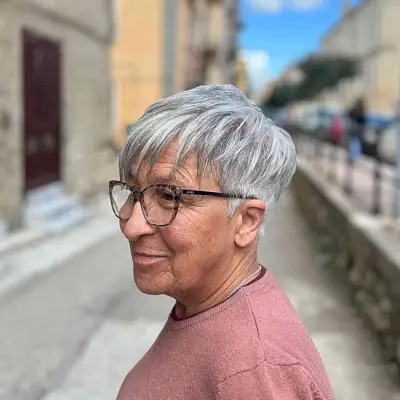 Silver Choppy Pixie with Fringe for Senior Ladies Over 60 with Eyeglasses and Thin Hair
