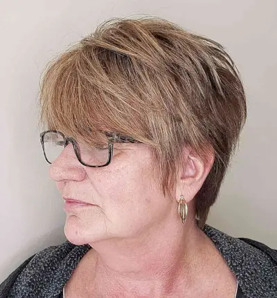 Layered Long Pixie and Bangs on women over 60 with eyeglass frames