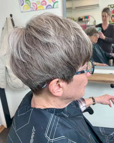 Short Mushroom Pixie Bob with Crown Layers for Ladies Aged 60 Wearing Specs