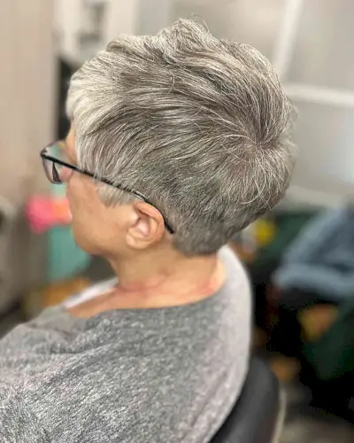 Low-Maintenance Short Gray Tapered Pixie for Older Women with Glasses