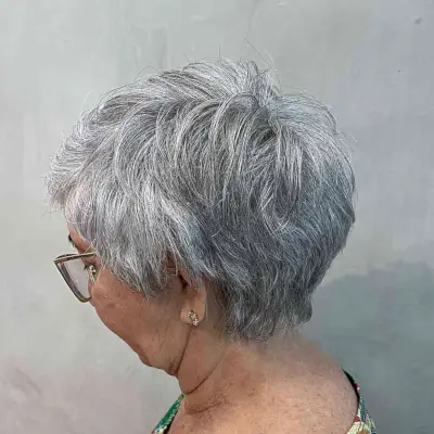 Rounded Pixie for Salt-and-Pepper Short Hair on ladies over 60 who wear glasses