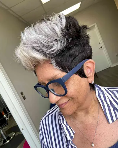 Black-and-White Edgy Pixie Hair for Older Women Over 60 with Thick Frames