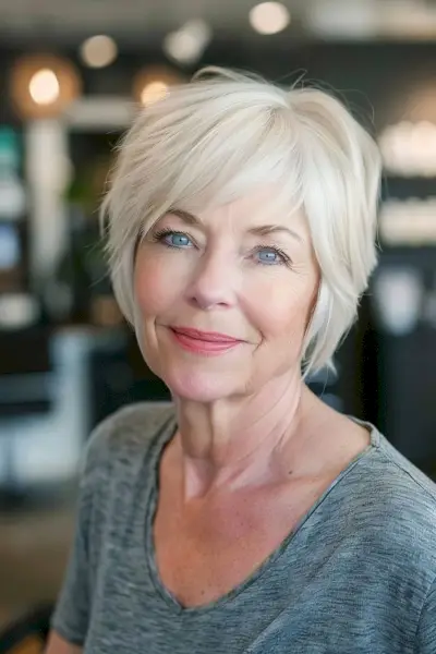 blonde bob with side-swept bangs for older women