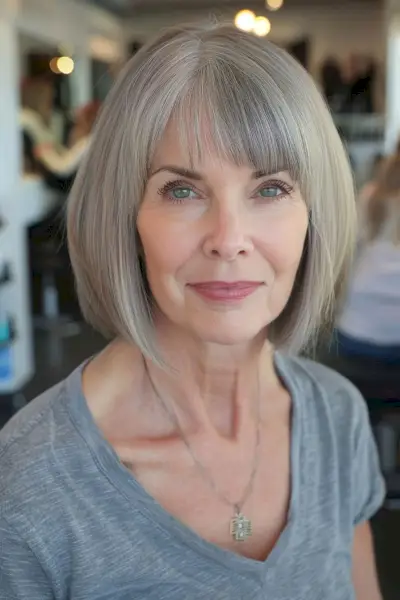 chin length bob with wispy bangs for older women