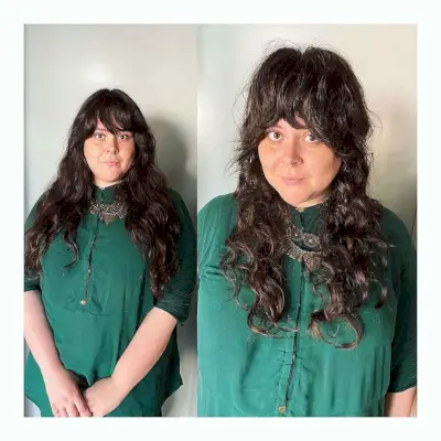 Messy Shag Cut with Curtain Bangs for Wavy Hair