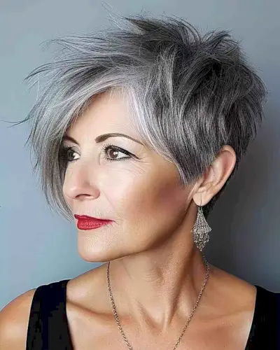 Naturally Gray Spiky Long Pixie for a Lady Aged 60