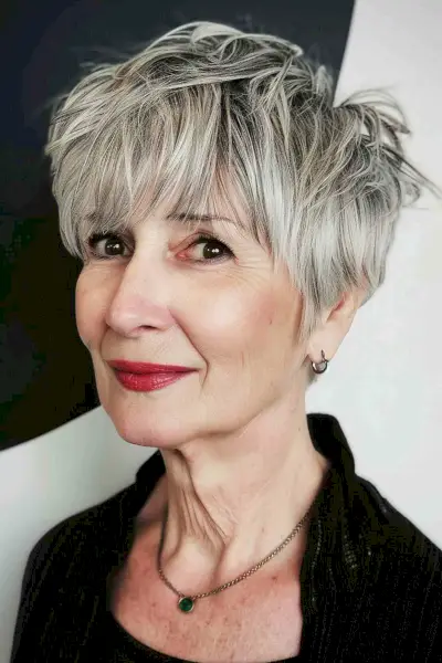 grey pixie with wispy bangs for women over 60