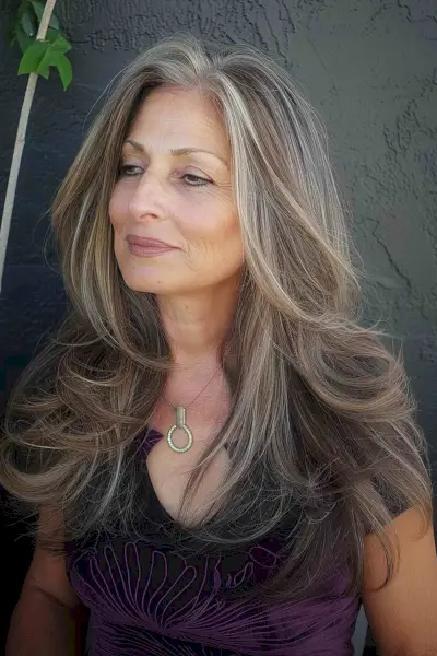 long layered brown and grey hair