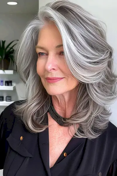 black and silver balayage for senior ladies