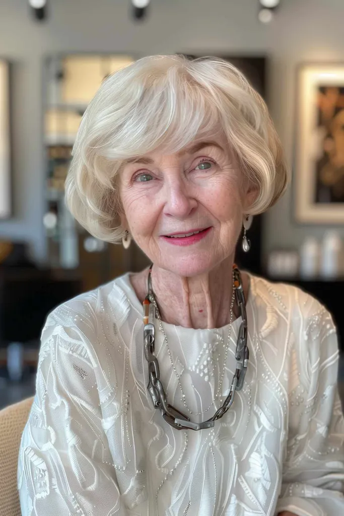 Starsza kobieta z fryzurą i grzywką w stylu pixie bob' title=