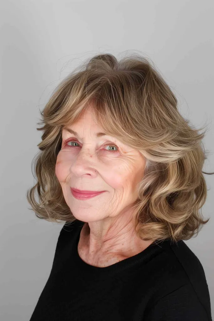 Starsza kobieta z warstwowym bobem i grzywką z zasłoną' title=