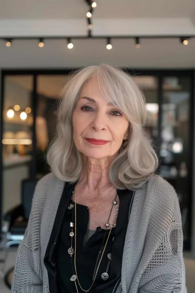 Starsza kobieta z włosami do ramion i grzywką na bok' title=