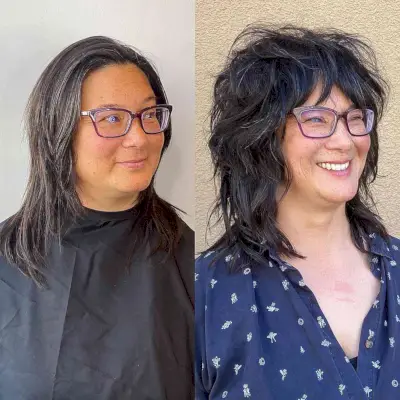 medium shag cut for older ladies with glasses