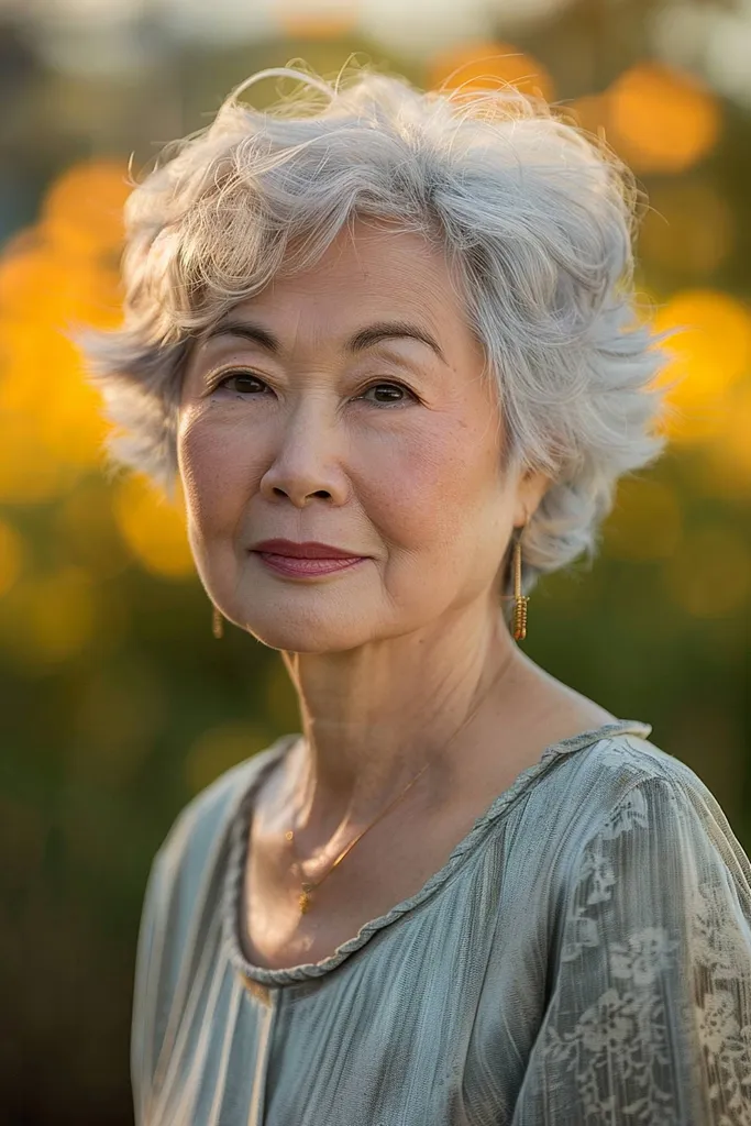 Kratek pixie z mehkimi valovi in ​​srebrnim odtenkom' title=