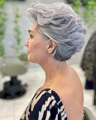 Short Grey Brushed Back Flowing Layers for 60-Year-Old Women