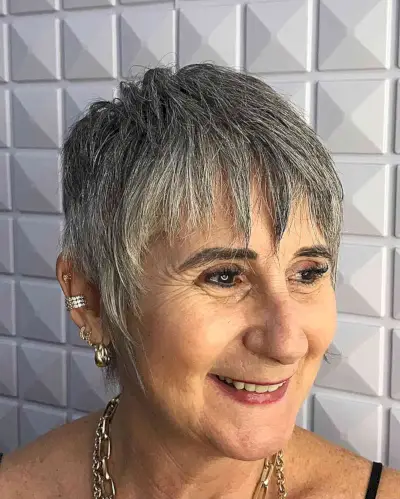 Edgy Grey Pixie Cut with Choppy Bangs for Old Ladies Aged 60