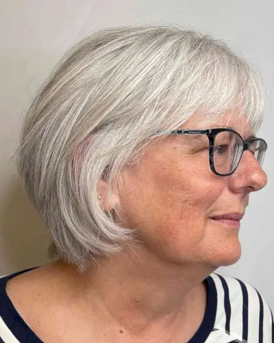 Feathered Bob with Bangs for Women Over 60 with Glasses