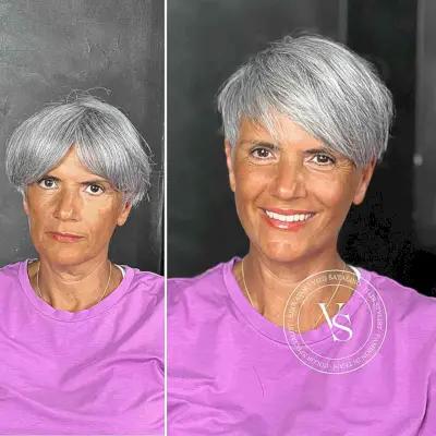 Grey-Silver Sweeping Fringe on a Pixie Cut for Ladies Over 60