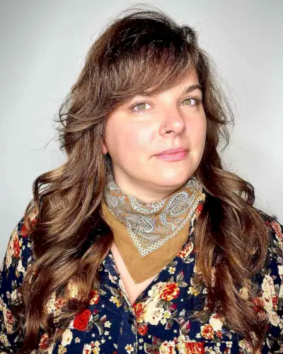 Side-Swept Bangs on Long Hair for Fat Faces in Their Forties