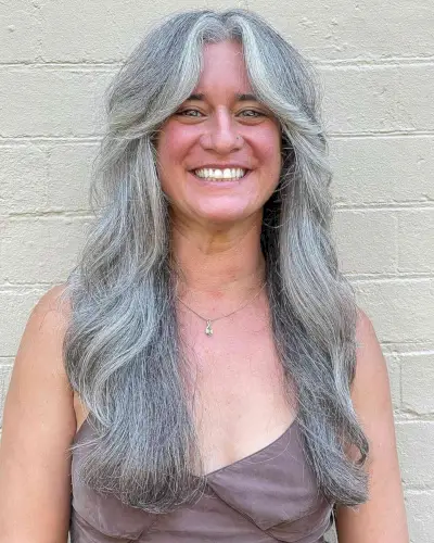 Middle Part Silver Long Hair for Women Over Forty