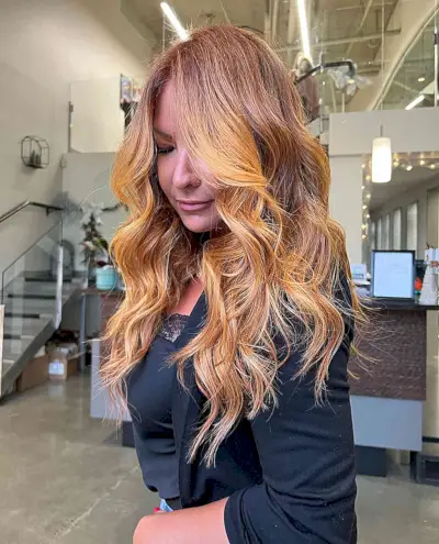 Autumn Blonde Ginger Balayage on Long Haired Ladies Over Forty