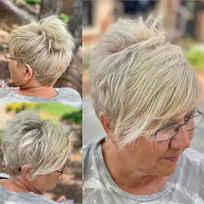 Older woman with an edgy undercut pixie with bangs