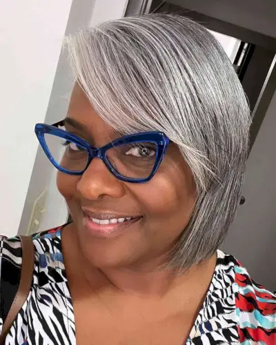 Side-Swept Silver Bangs and Cut for 50-Year-Olds with Glasses
